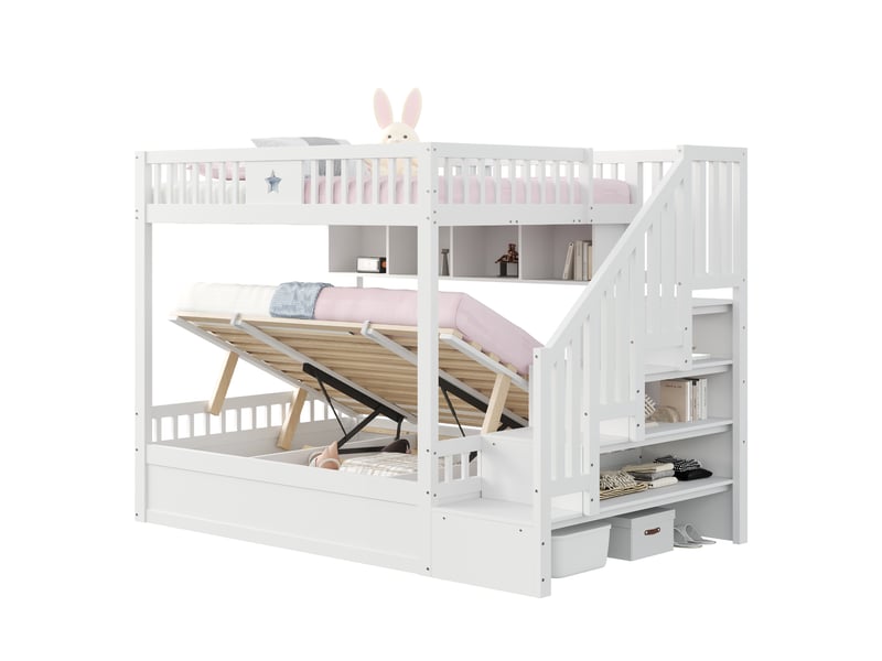  Lit mezzanine 140x200 cm avec coffre hydraulique, escalier de rangement et étagères, bois blanc evarich - Conforama A