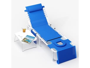 Banc de jardin réglables chaises de plage 3 en 1 pour terrasse– trou pour le visage, table pliante, ,coussin amovible -bleu