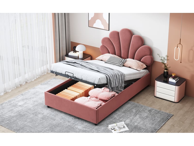 Lit coffre 90x200 cm, revêtement en velours, coloris rose, coffre hydraulique, tête de lit réglable, tête de lit florale, sommier à lattes inclus - Conforama E
