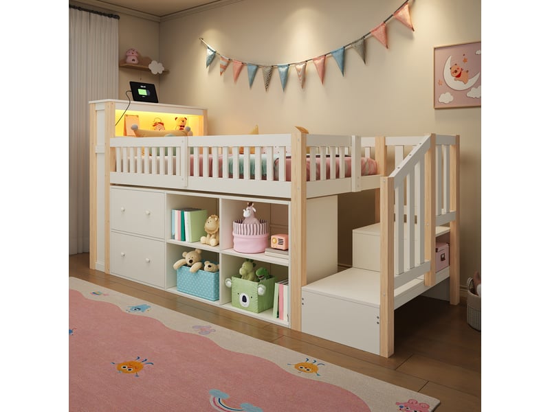  Lit mezzanine 90x200cm - lit enfant en bois avec escalier de rangement, led rgb, prises usb, 2 tiroirs &amp; étagères - bois naturel  - Conforama B