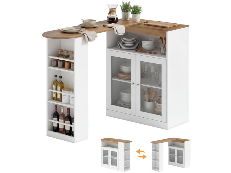  Table de bar extensible et pivotante à 90° avec étagères ouvertes et 2 portes vitrées 150 x 80 x 105,5 cm blanc et naturel  - Conforama A