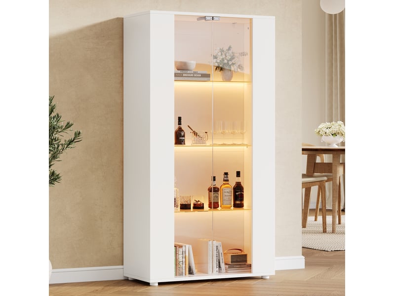  Vitrine 2 portes vitrées, 4 étagères et éclairage led réglable, design moderne pour salon, blanc 80 × 36 × 150 cm  - Conforama D