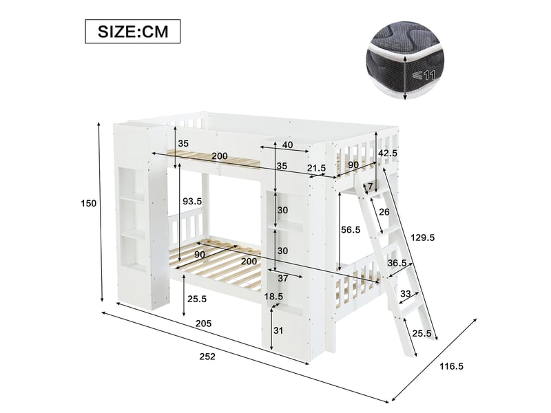  Lit superposé enfant 90x200 cm avec compartiments, lit mezzanine avec barrières de sécurité, bois de pin massif, blanc  - Conforama C