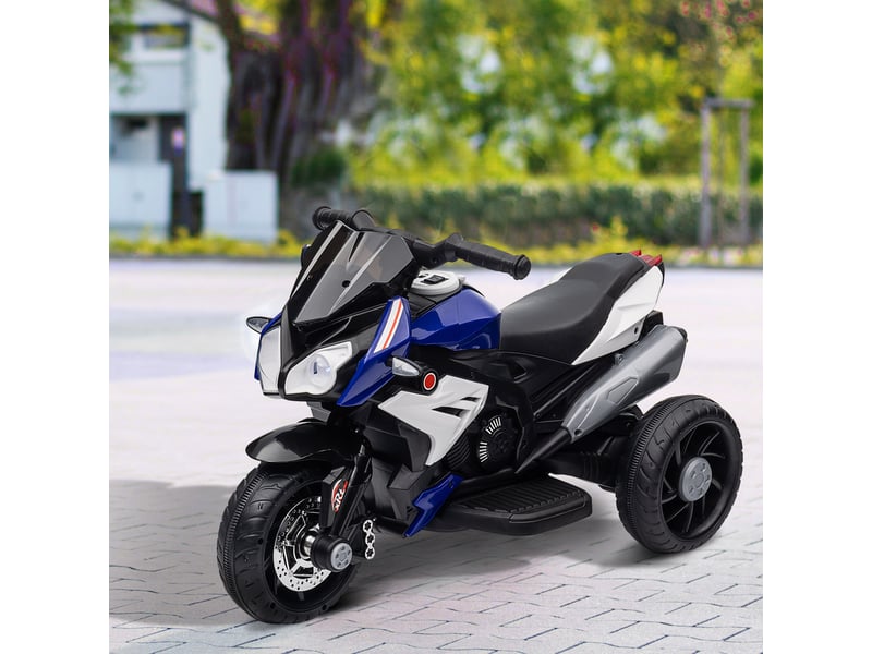  Moto électrique pour enfants, lumières et sons, 3 kmh, rechargeable, plastique et métal, bleu et blanc  - Conforama D