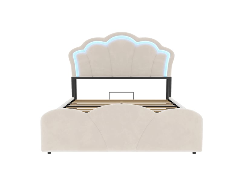  Lit coffre 140x200 cm, lit double, rangement hydraulique, led, velours beige, motif floral  - Conforama B