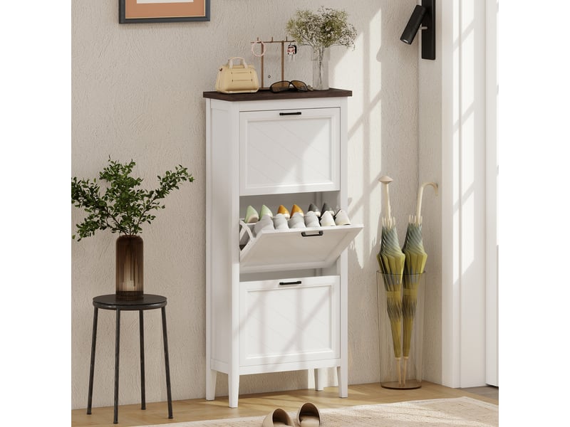  Meuble à chaussures 18 paires, armoire à chaussures étroite avec 3 tiroirs rabattables et étagères réglables, blanc  - Conforama B