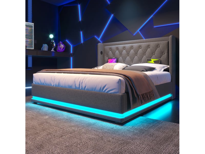 Lit coffre adulte 160x200 cm – gris – rangement hydraulique, led 3 côtés et matelas à ressorts inclus - Conforama B
