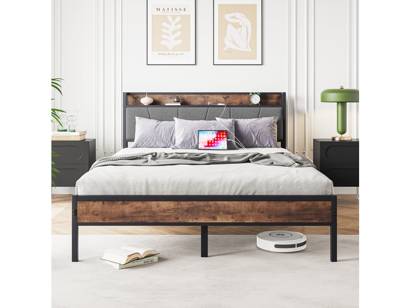  Lit 140x200 cm, marron antique, métal et mdf, led doté de rangement et usb, sans matelas  - Conforama E