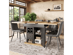 Table à manger extensible 110-140x80 cm avec tiroirs, porte-bouteilles et rangements, idéale pour 4 à 6 personnes