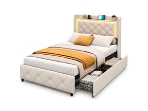 Kefsr lit simple 90x200 cm avec tiroirs de rangement, lit capitonné en velours beige avec tête de lit étagère, led rgb et ports usbtype-c