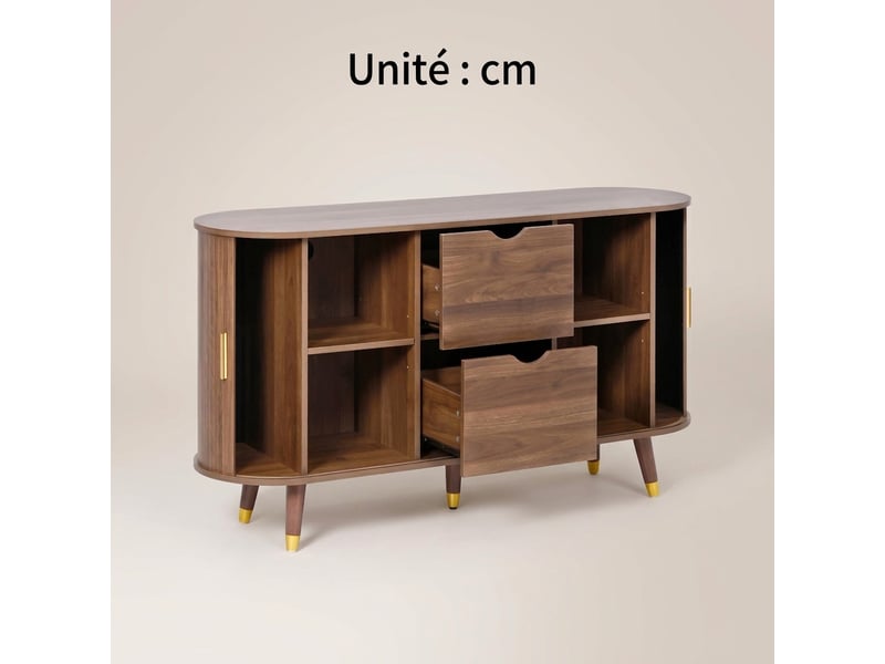  Ensemble meuble salon 3 pièces noyer, style mid-century, avec meuble tv à portes coulissantes et table basse relevable  - Conforama C