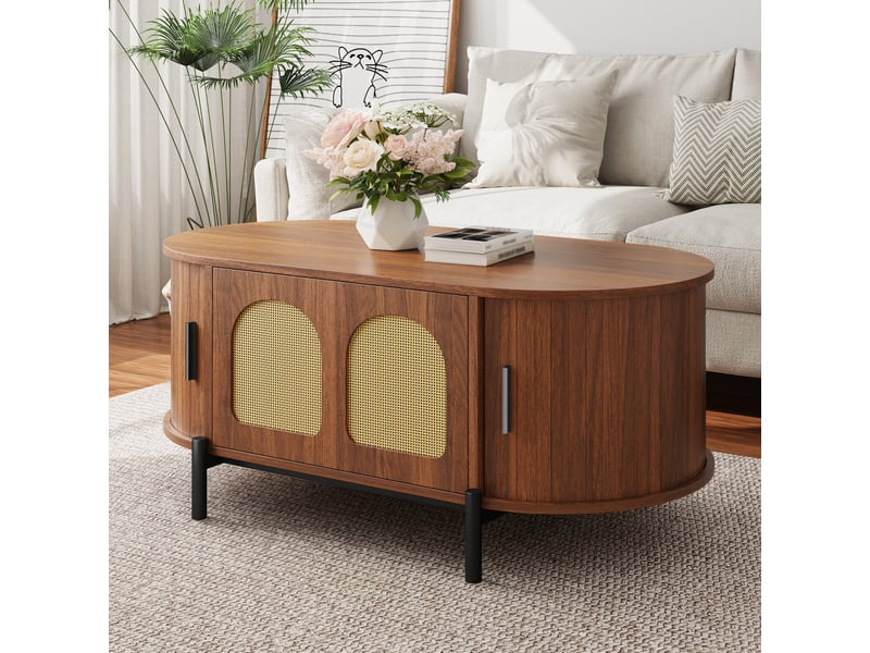  Table basse ovale avec rangement et portes coulissantes - lpospi - mdf, rotin, noyer - 100 × 50 × 40 cm  - Conforama C