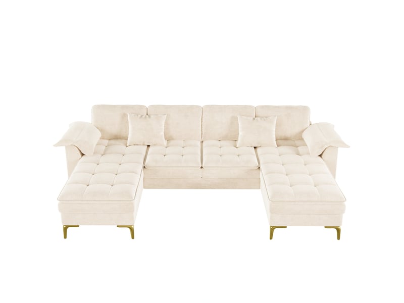 Canapé d’angle en u modulable 262 x 134 cm – beige – 4 places, chenille et 2 méridiennes, pieds métalliques dorés - Conforama A