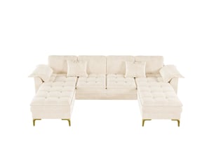 Canapé d’angle en u modulable 262 x 134 cm – beige – 4 places, chenille et 2 méridiennes, pieds métalliques dorés