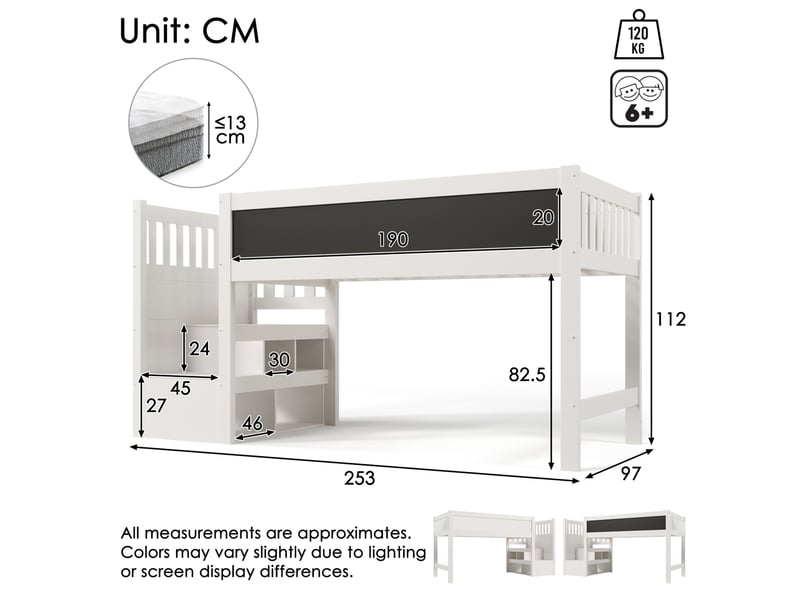  Lit surélevé enfant 90x200 cm avec escalier de rangement et tableau, bois et mdf, blanc, sans matelas  - Conforama C