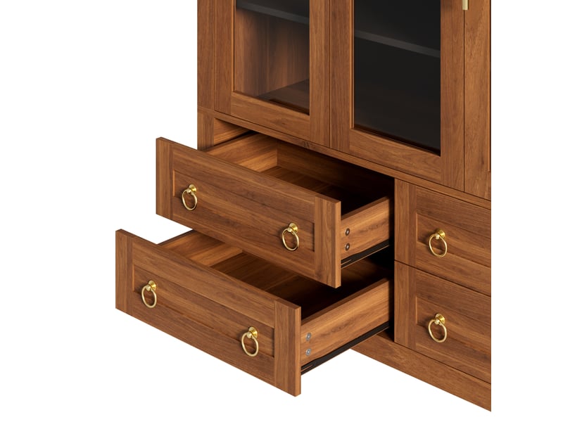 Buffet de rangement moderne 110 x 40 x 185 cm – noyer – 3 portes vitrées, 4 tiroirs, niche arrondie - Conforama E