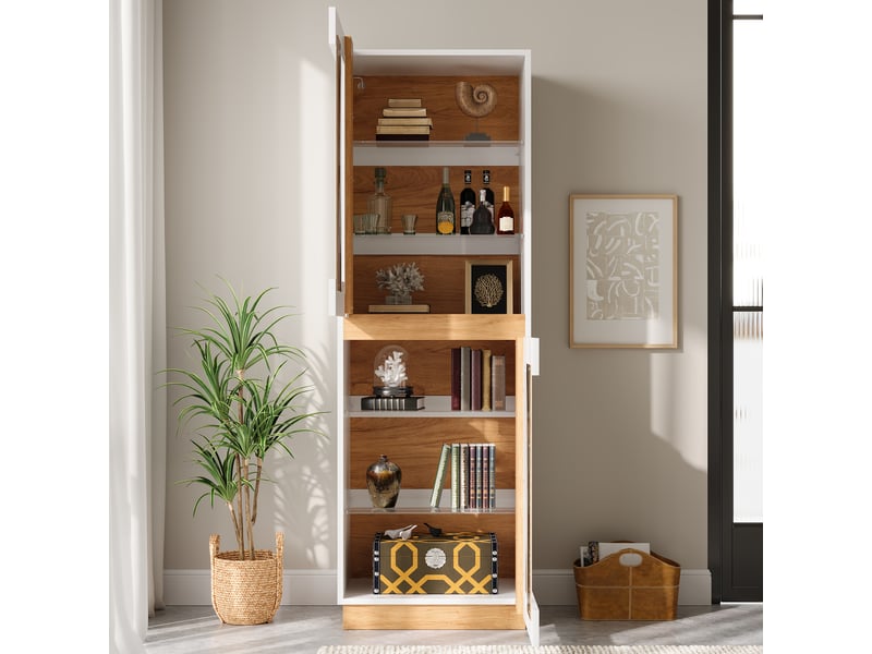  Vitrine avec éclairage led, 2 portes en verre, étagères en verre, grand meuble d'exposition, armoire de salon, rangement en panneaux de particules  - Conforama D