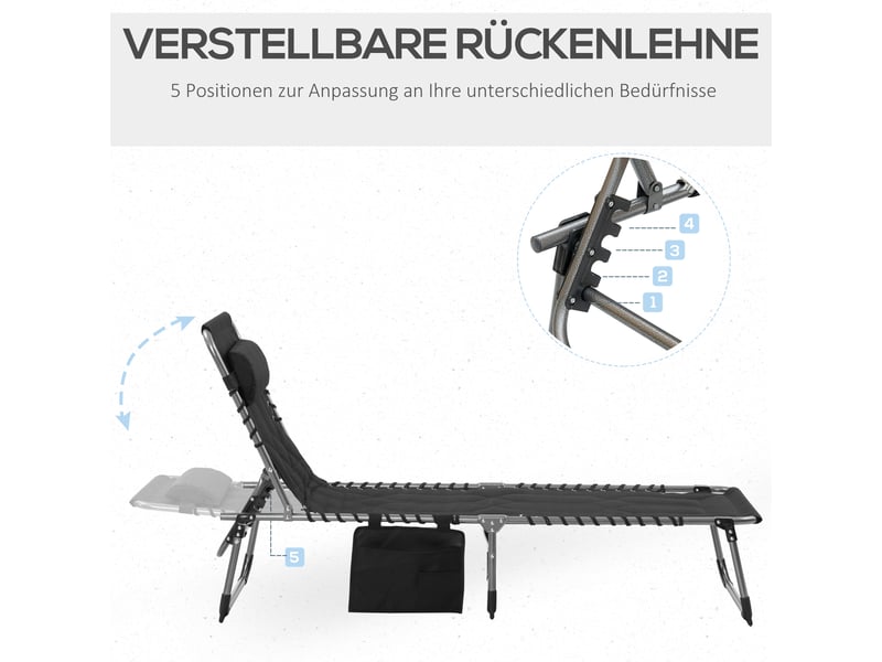  Chaise longue de jardin pliable noire, appui-tête et poche latérale, dossier 5 positions, résistante aux intempéries, charge max 130 kg  - Conforama E