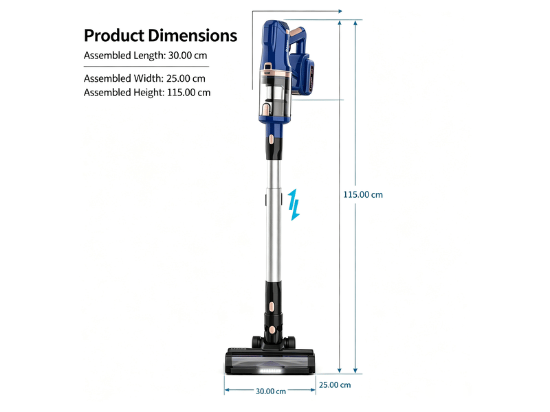 Aspirateur balai sans fil 2-en-1, moteur sans balais 300 w, filtration hepa, batterie 4000 mah, écran led, bleu  - Conforama E