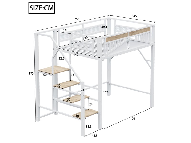  Lit mezzanine blanc 140 x 200 cm en métal avec échelle sécurisée et espace sous le lit  - Conforama C