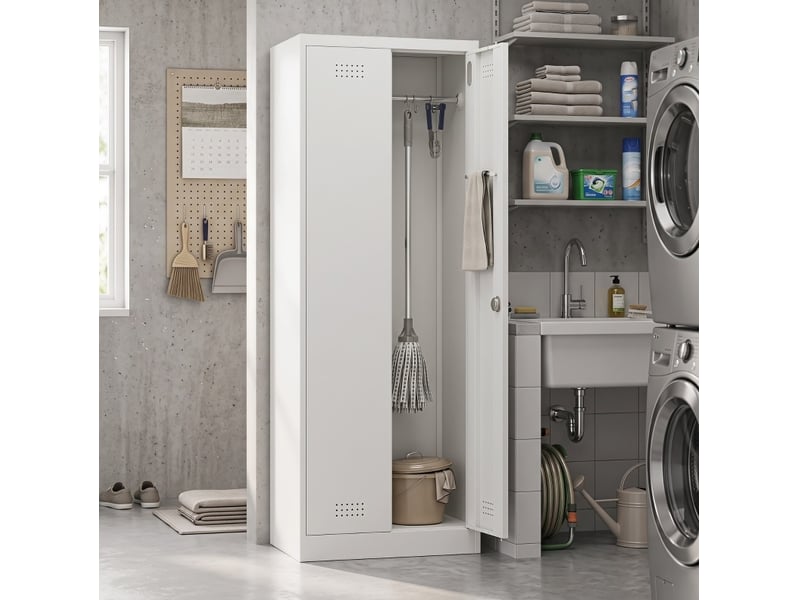  Armoire de rangement haute 60 x 40 x 165 cm crème en acier, avec étagères réglables et tringle de suspension  - Conforama D
