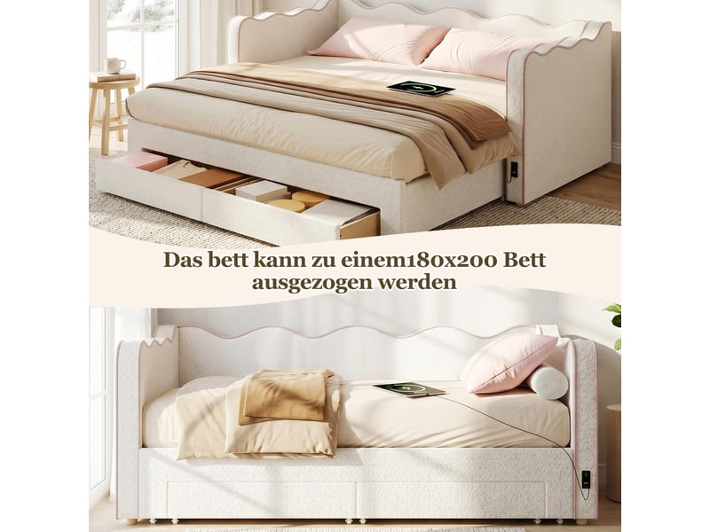 Lit banquette 90x200 cm extensible 180 cm avec tiroirs de rangement usb bouclé beige  - Conforama E
