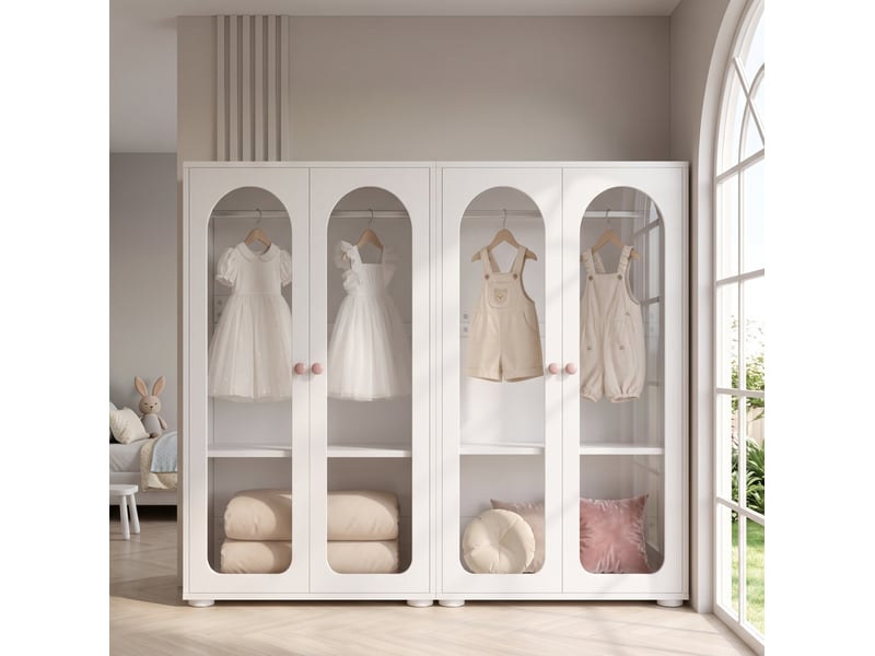  Lot de 2 armoires enfant 4 portes 160x50x120 cm mdf blanc et acrylique  - Conforama W