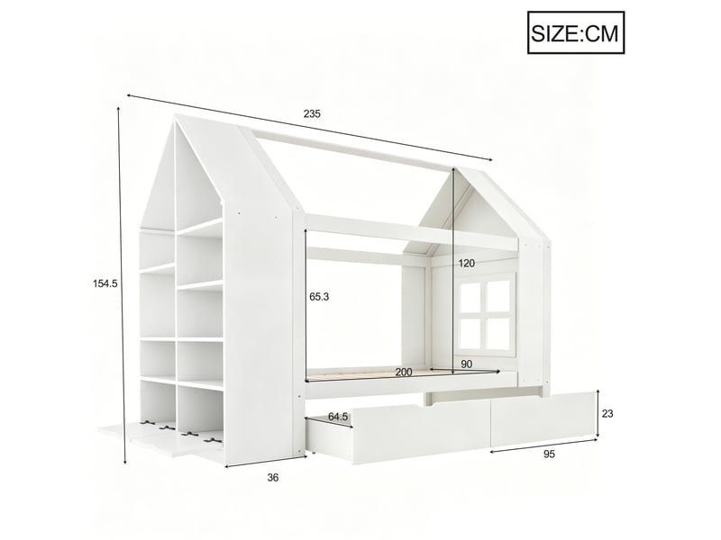  Lit enfant cabane 90x200 cm avec led et rangements bois et mdf blanc sans matelas  - Conforama C