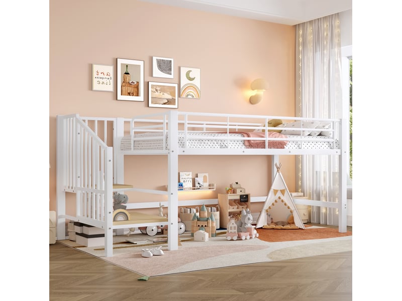  Lit mezzanine enfant mi-hauteur 90 x 200 cm avec escalier de rangement blanc  - Conforama B