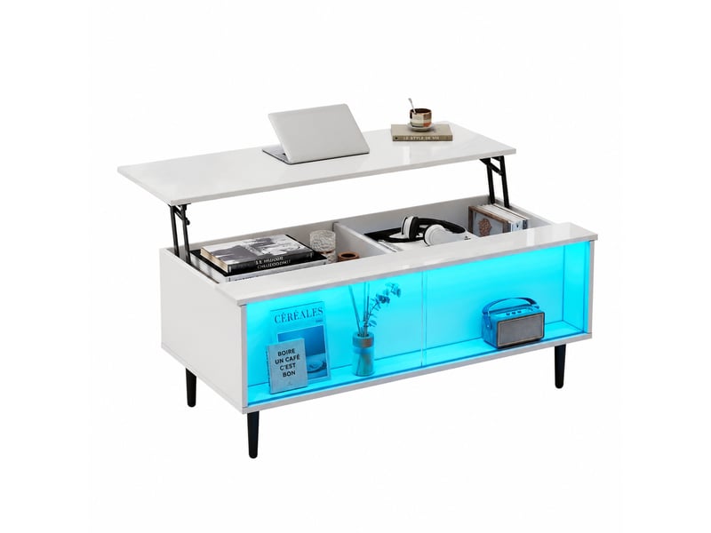 Table basse relevable jusqu'à 58 cm, rangement caché, led, verre trempé, 105 x 50 cm, blanc - Conforama A