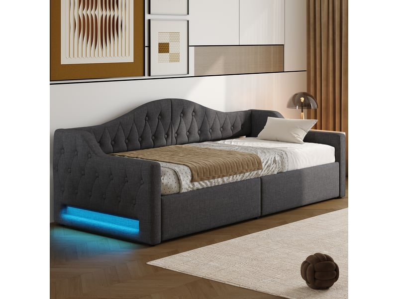  Lit jour avec rangement et bandeau led en mdf contreplaqué et capitonné gris 90x200cm  - Conforama D