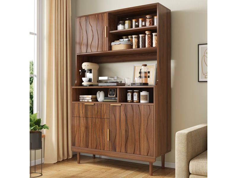  Buffet de cuisine - 100 x 32 x 170 cm - meuble de rangement avec portes, tiroir et niches ouvertes - finition bois noyer  - Conforama B