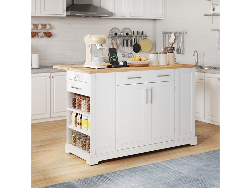  Ilot central de cuisine - 138x86x92cm - desserte de cuisine avec plateau bois naturel, prises, roulettes et poubelle - blanc et bois  - Conforama C