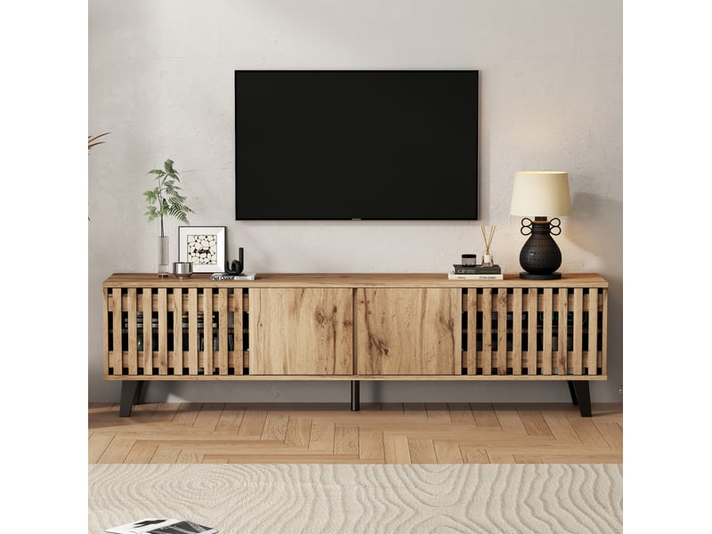  Meuble tv tcqpz 180 x 40 x 55 cm en panneau de particules coloris bois naturel pour téléviseur 70 pouces avec 8 rangements et 1 plateau ouvert  - Conforama E