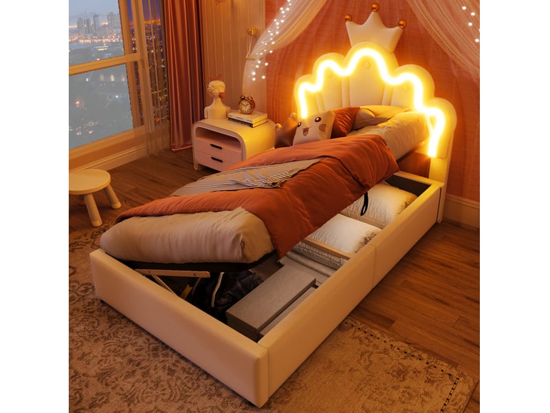  Modenvie lit coffre 1 place 90x200 cm - bande led, tête de lit réglable - sans matelas - blanc  - Conforama B