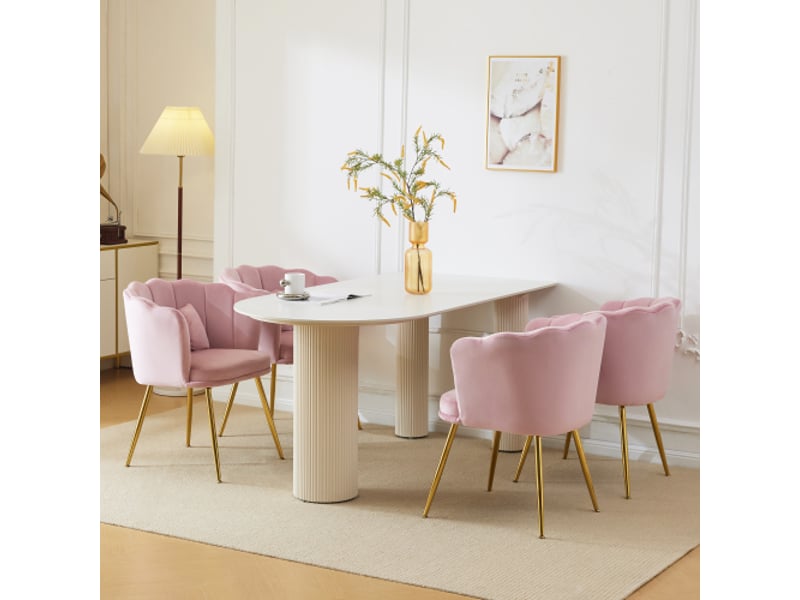  Lot de 4 chaises de salon, chaise rembourrée avec dossier en pétale, pieds en métal plaqué or et coussin papillon, rose, en velours  - Conforama C