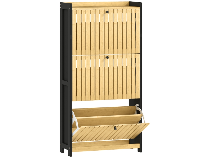  Meuble à chaussures 18 paires avec 3 tiroirs rabattables, portes en bambou à lattes, noir et bois naturel, 60x24x118cm  - Conforama B