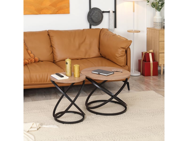  Table basse ronde style industriel en métal noir et plateau dim. Ø 60 x 46h cm - en bois  - Conforama W