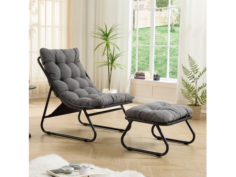  Fauteuil relax extérieur avec repose-pieds 65x78x86 cm – noir et gris – coussins rembourrés en coton  - Conforama B