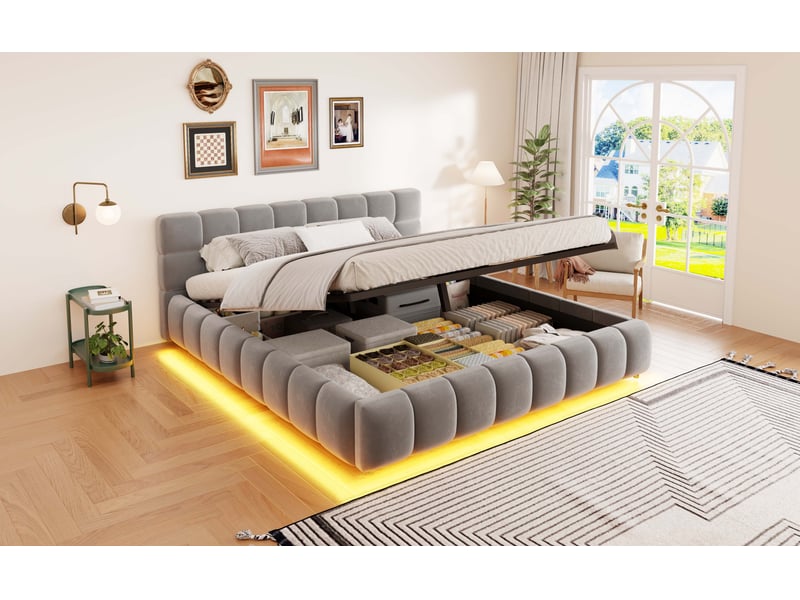  Lit coffre double 160 x200 cm avec lumineuse led , sommier à lattes, revêtement en velours, gris  - Conforama B