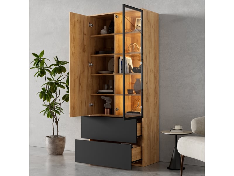  Vitrine led 70x35x160 cm avec 2 portes en verre, 2 tiroirs et 6 étagères réglables, meuble vitrine avec éclairage, panneau de particules ，bois naturel OMNIGLINT TRADING LTD - Conforama E