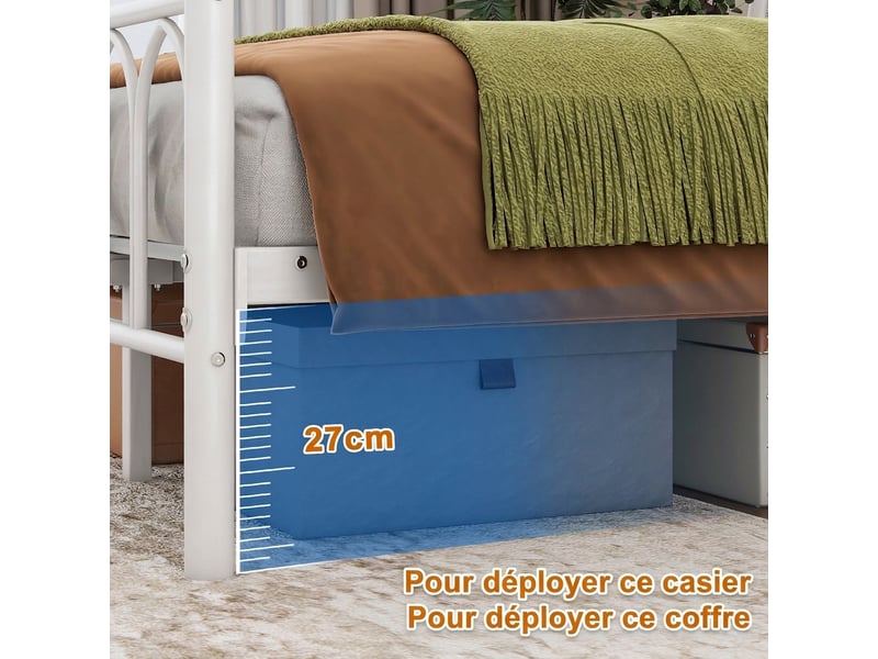 Cadre de lit en métal 120x200 blanc avec led et station de charge usb - rangement sous lit - Conforama E
