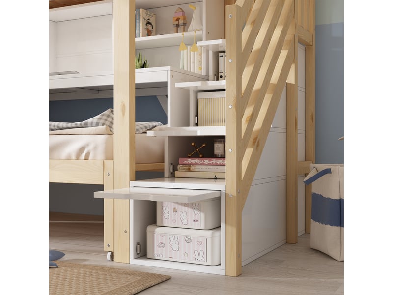  Lit superposé enfant 90x20090x190 avec lit inférieur sur roulettes, bureau mobile, escalier rangement, étagères, en 747-1:2024, blanc et effet chêne evarich - Conforama D