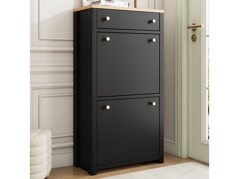  Meuble à chaussures avec 1 tiroir, 2 abattants et étagères réglables pour entrée et couloir en mdf 50×25×95 cm noir  - Conforama C