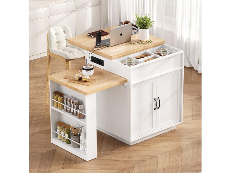 Îlot de cuisine extensible à roulettes, led, blanc et aspect bois - Conforama B