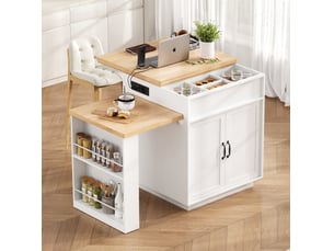 Îlot de cuisine extensible à roulettes, led, blanc et aspect bois