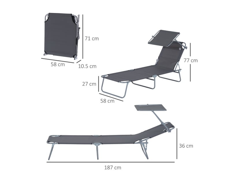  Chaise longue pliante avec pare-soleil grise, métal et tissu oxford, transat 120 kg pour jardin, terrasse et plage, 187 cm  - Conforama C