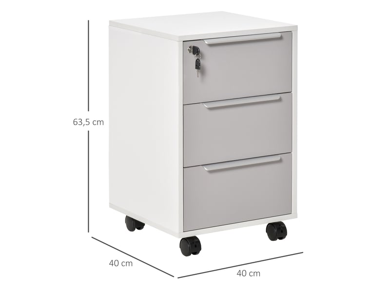  Classeur à roulettes, 3 tiroirs, serrure et 2 clés, pour bureausalon, 40 x 40 x 63,5 cm, blanc et gris  - Conforama E