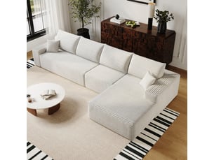 Canapé d'angle en l de 340 cm,canapé modulaire 4 places en velours côtelé avec méridienne à droite,canapé sans montage,canapé à assise profonde,blanc