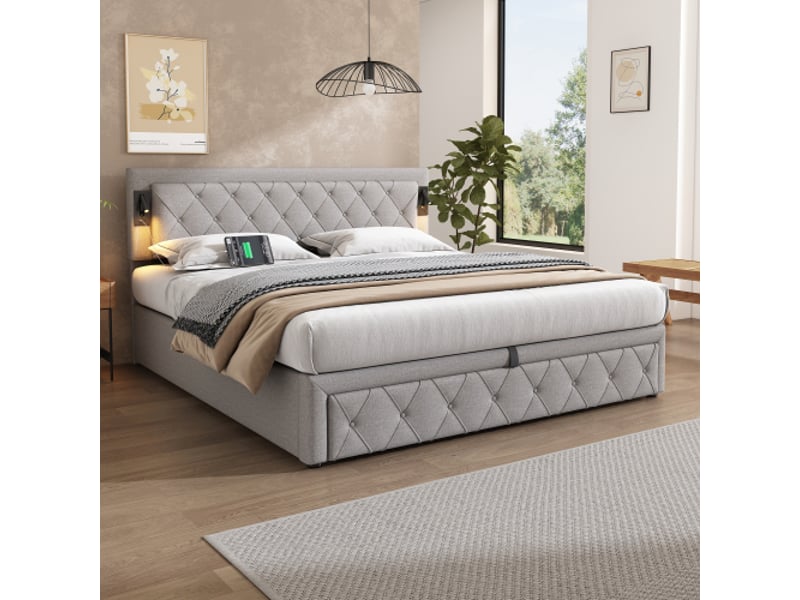 Lit capitonné 180x200 cm led et usb, sommier bois, tête de lit à losanges, coffre de rangement hydraulique, lin gris - Conforama E